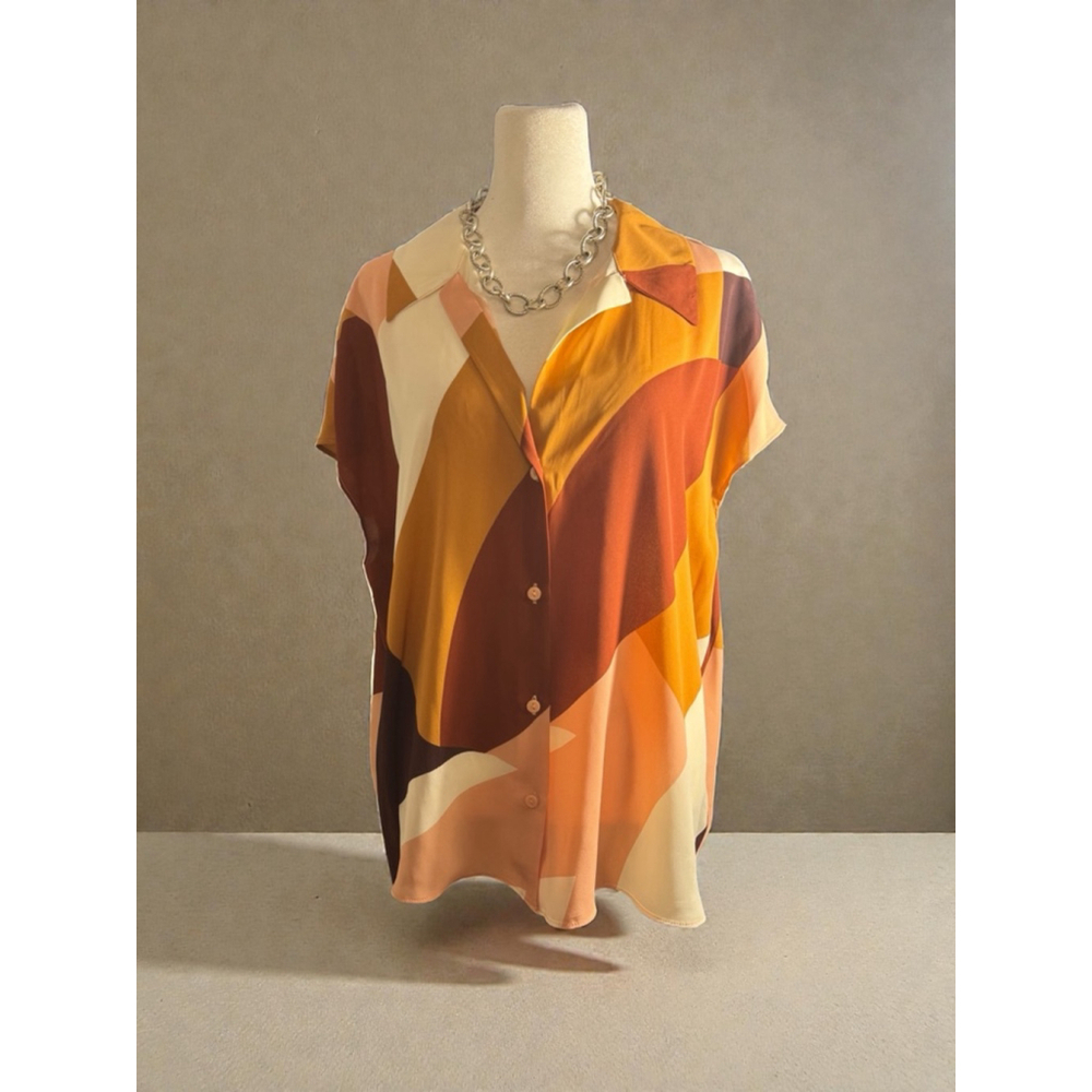 XL Worthington Button Down Short Sleeve Shirt Orange Brown Geometric Blouse